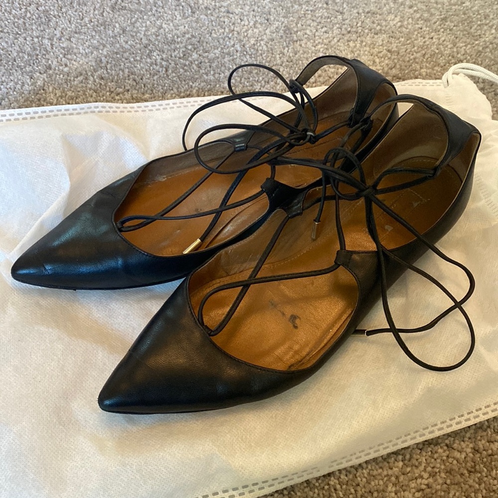 Aquazzura Christy black lace up flats in size 37.5